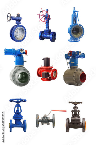 a group of modern shut-off valves of various designs for a gas pipeline isolated on white background