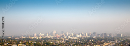A panarama view of downtown Los Angles California on a smogy morning. photo
