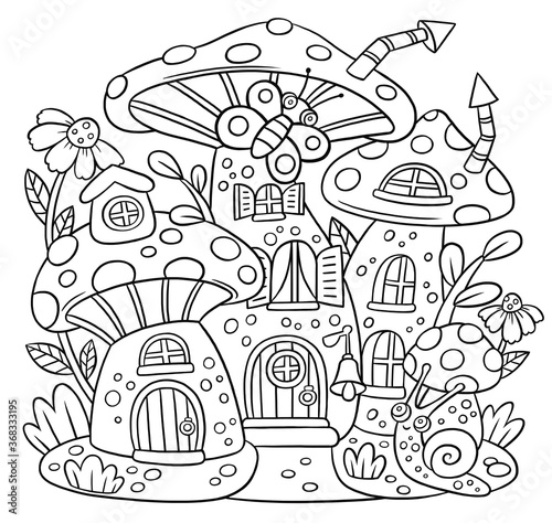coloring page mushroom town. Fly agaric with Windows and doors. Flowers and plants, butterfly and snail.