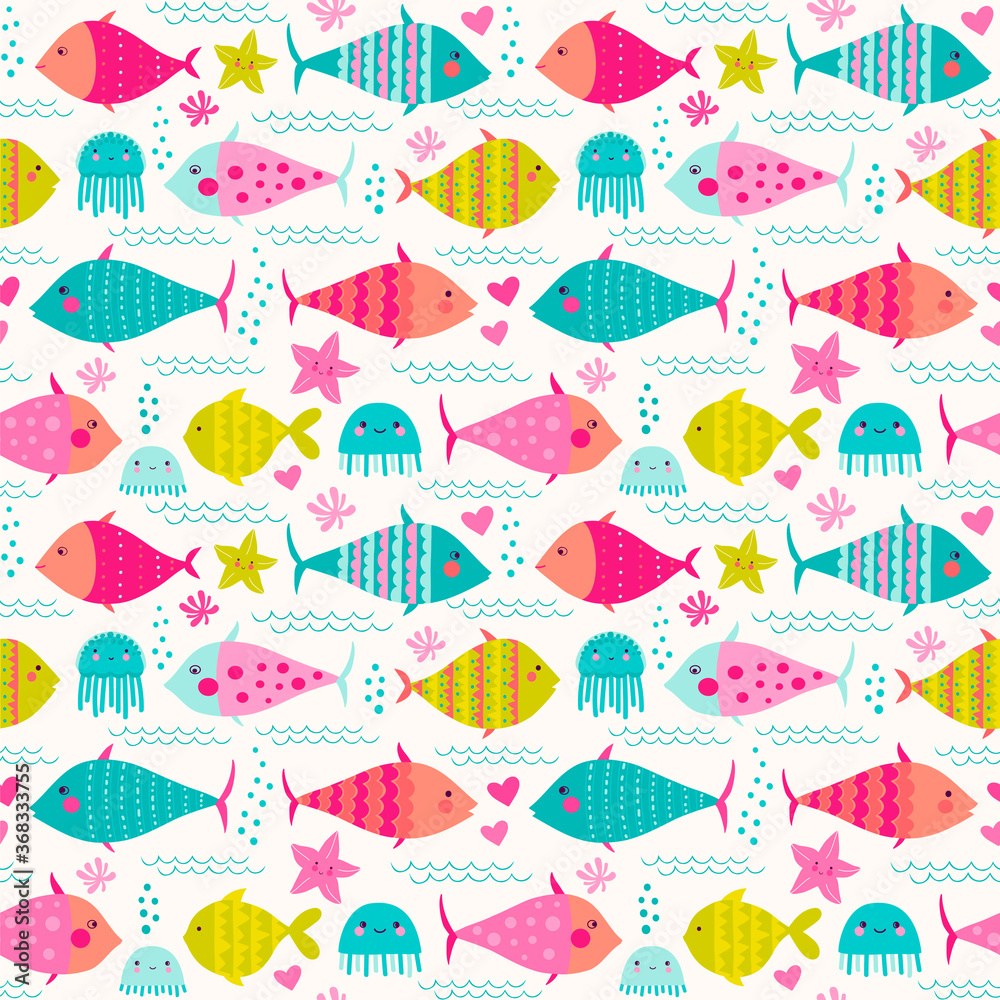 Seamless vector pattern with different fishes and sweet-faced sea jelly.