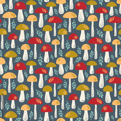 Boletus on a dark background. Seamless vector pattern with mushrooms.