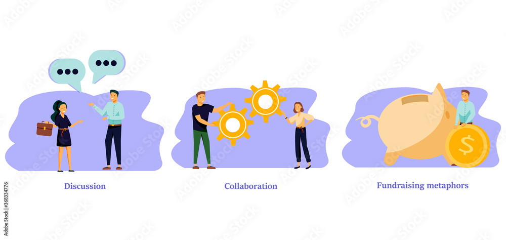 Teamwork and coworking web banners set. Online business conference, money investment. Discussion, collaboration, fundraising metaphors. Vector isolated concept metaphor illustrations
