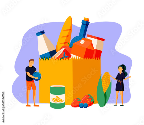 Food drive vector illustration. Flat tiny grocery charity persons concept. Canned lunch donation to support poor community. Social responsibility and humanitarian help. Catering support unpackaging.