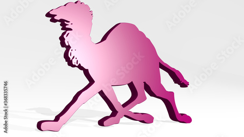 camel made by 3D illustration of a shiny metallic sculpture with the shadow on light background. desert and animal
