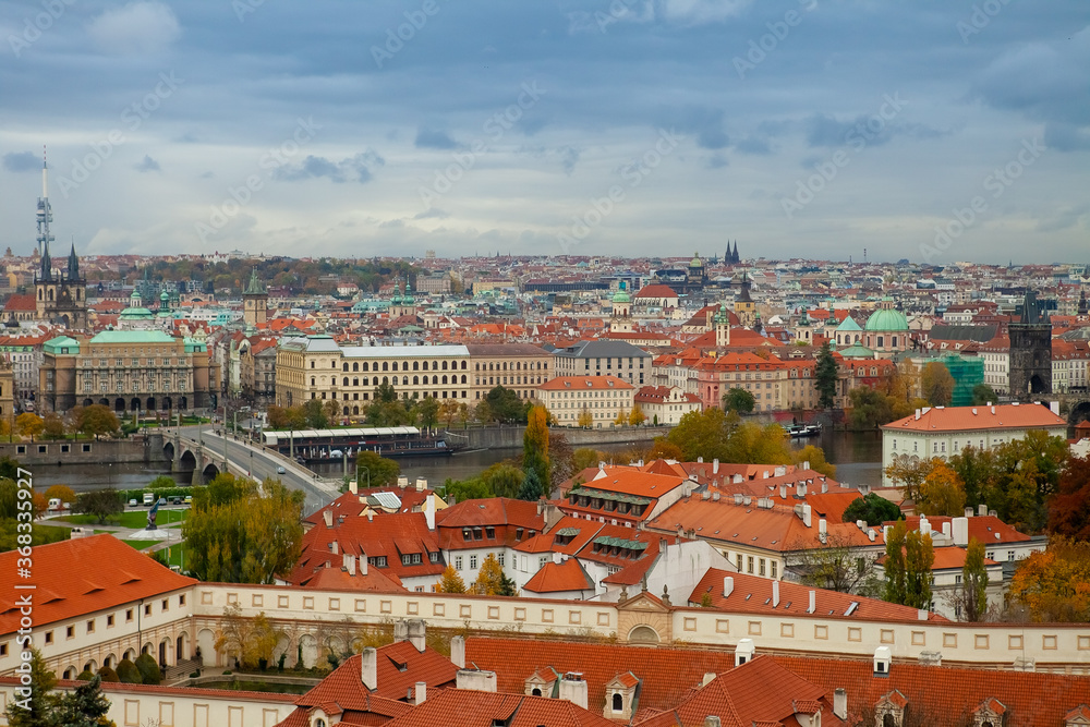 Panoramic view of old town in Prague. History, cathedral.
