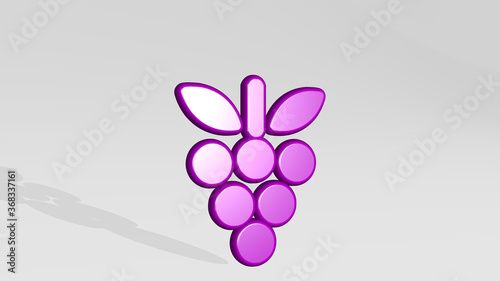 FRUIT GRAPES stand with shadow. 3D illustration of metallic sculpture over a white background with mild texture. food and fresh