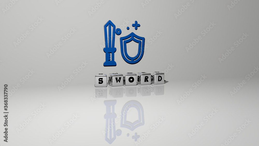 3D graphical image of sword vertically along with text built by metallic cubic letters from the top perspective, excellent for the concept presentation and slideshows. illustration and background 3D graphical image of sword vertically along with text built by metallic cubic letters from the top perspective, excellent for the concept presentation and slideshows. illustration and background