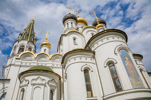 The facade of the Temple of Saint Prince Alexander Nevsky. Knyazhye Lake, Russia photo