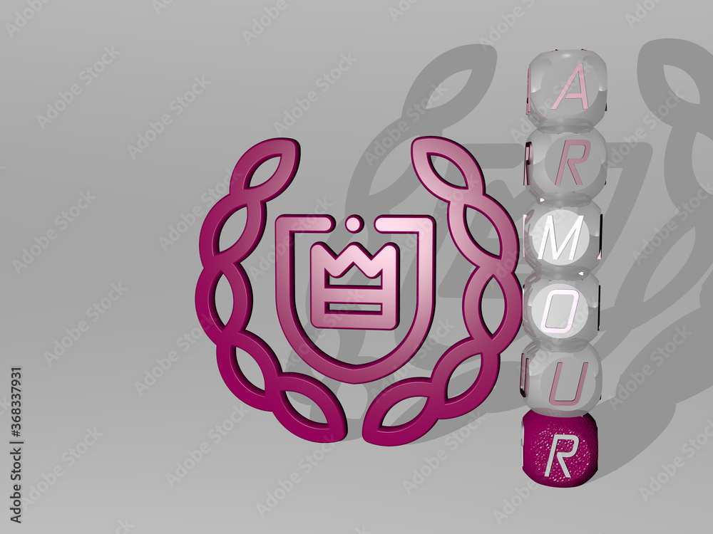 3D graphical image of ARMOUR vertically along with text built around the icon by metallic cubic letters from the top perspective. excellent for the concept presentation and slideshows. illustration