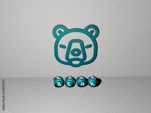 3D representation of BEAR with icon on the wall and text arranged by metallic cubic letters on a mirror floor for concept meaning and slideshow presentation. illustration and animal photo