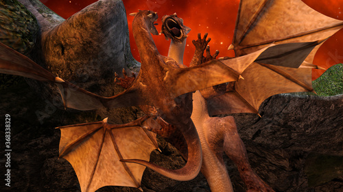 3d illustration of two flying dragons fighting inside a cavern with a red starry night above. photo