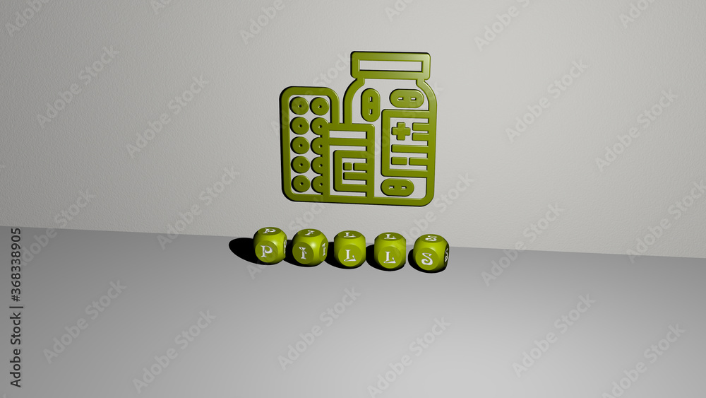 3D representation of PILLS with icon on the wall and text arranged by metallic cubic letters on a mirror floor for concept meaning and slideshow presentation. background and medicine 3D representation of PILLS with icon on the wall and text arranged by metallic cubic letters on a mirror floor for concept meaning and slideshow presentation. background and medicine