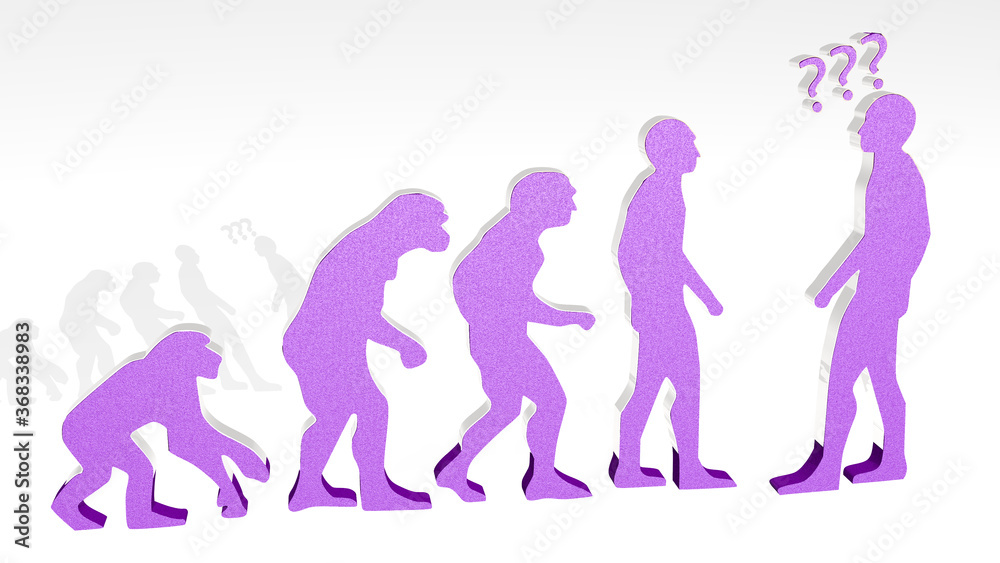 QUESTION OF EVOLUTION OF HUMAN on the wall. 3D illustration of metallic sculpture over a white background with mild texture. mark and concept