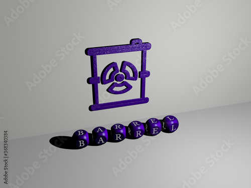 3D representation of barrel with icon on the wall and text arranged by metallic cubic letters on a mirror floor for concept meaning and slideshow presentation. illustration and background