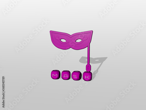 3D representation of MASK with icon on the wall and text arranged by metallic cubic letters on a mirror floor for concept meaning and slideshow presentation. illustration and background photo