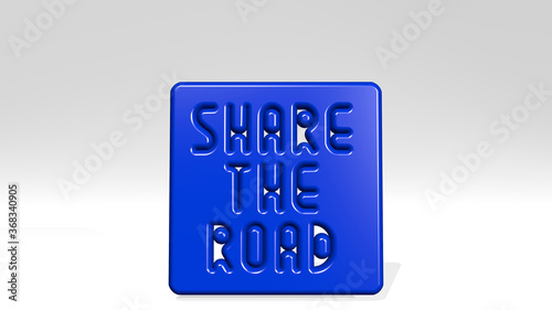 road sign share the road made by 3D illustration of a shiny metallic sculpture with the shadow on light background. city and car