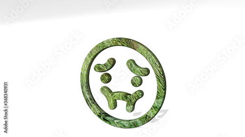 SMILEY NAUSEOUS casting shadow with two lights. 3D illustration of metallic sculpture over a white background with mild texture. face and icon