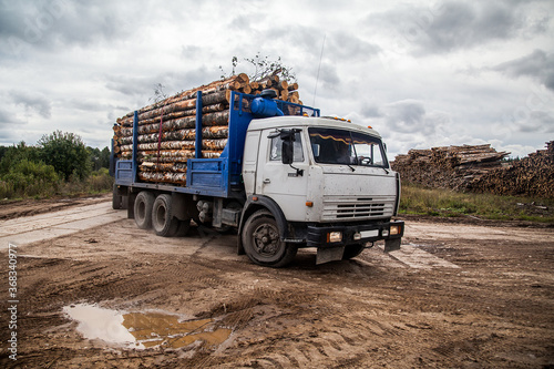 Russian timber truck with logs on a dirt road