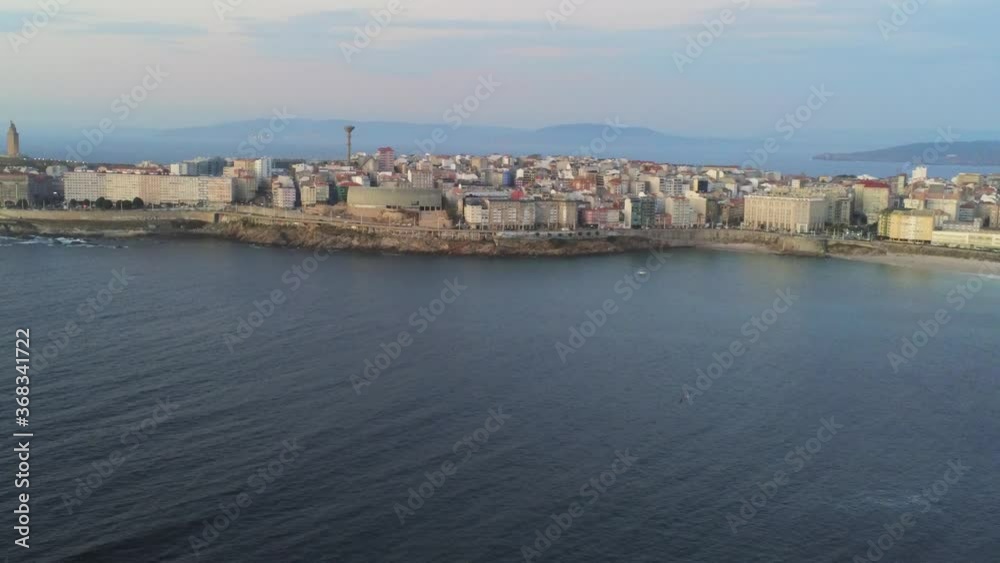 Beach in Riazor. A Coruna. Galicia,Spain. Aerial Drone Footage Beach in Riazor. A Coruna. Galicia,Spain. Aerial Drone Footage