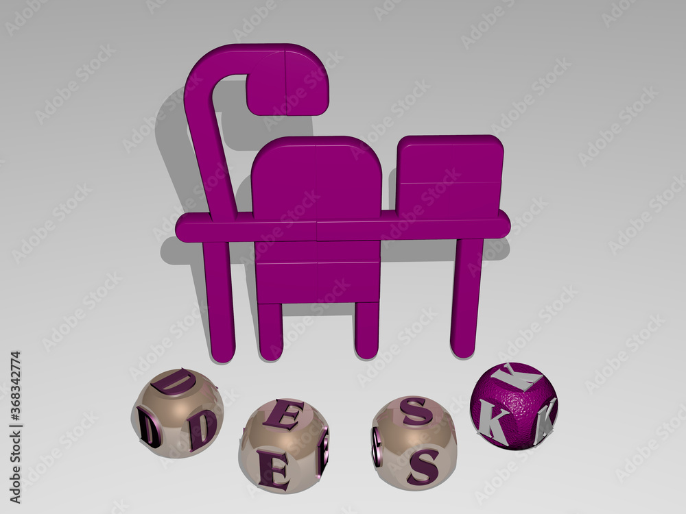 3D illustration of desk graphics and text around the icon made by metallic dice letters for the related meanings of the concept and presentations. business and background