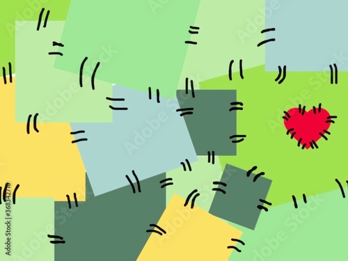 Patchwork green squares red heart 
