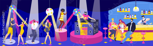 People in DJ night club bar vector illustration. Cartoon flat adult man woman friend characters meeting in interior clubhouse for dance music party, drink alcohol in bar, dancing together in dancehall