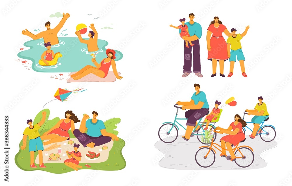 Happy family together vector illustration set. Cartoon flat father, mother and daughter or son child character have fun on picnic in park, cycling or swimming. Family love, happiness isolated on white