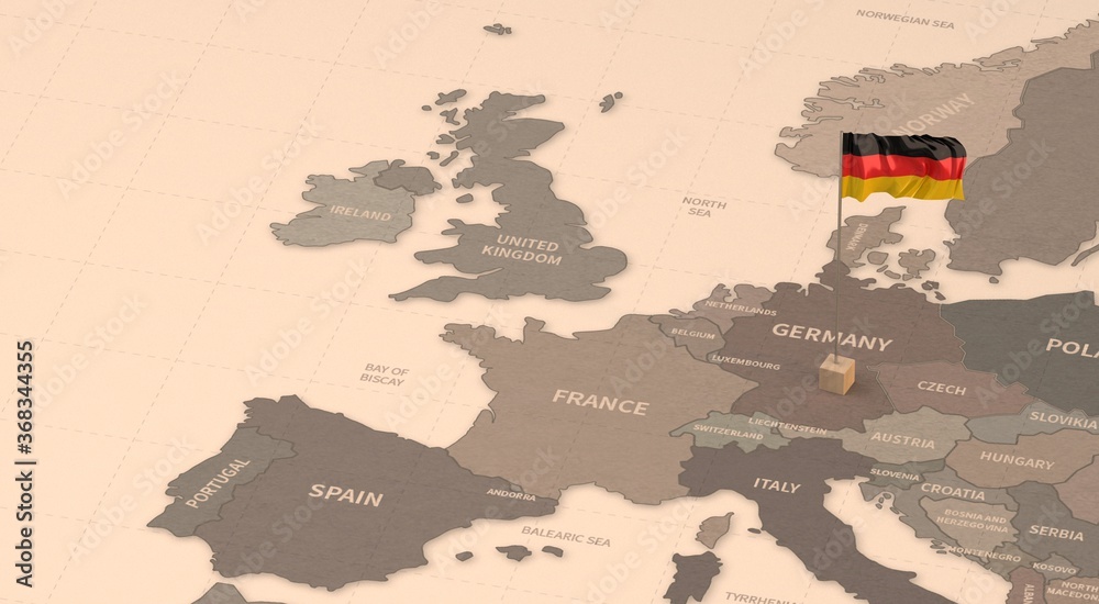 Flag on the map of germany.
Vintage Map and Flag of European Countries Series 3D Rendering