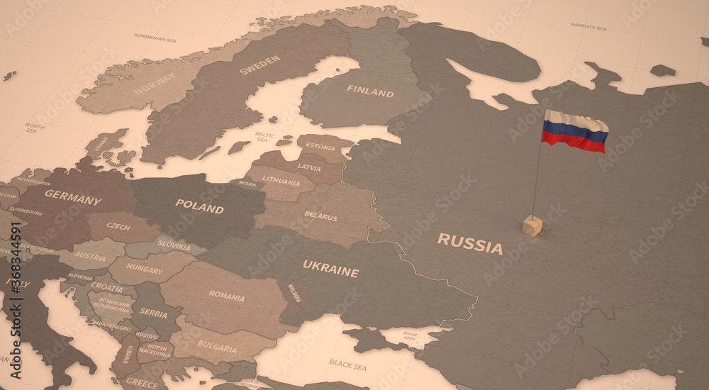 Flag on the map of russia.
Vintage Map and Flag of European Countries Series 3D Rendering