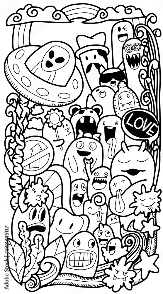 funny monsters, black and white background.Cartoon Monster Doodles