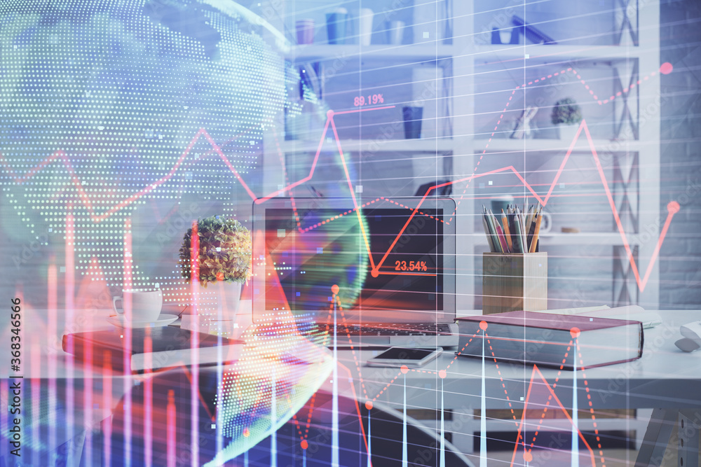 Double exposure of financial graph drawing and office interior background. Concept of stock market.