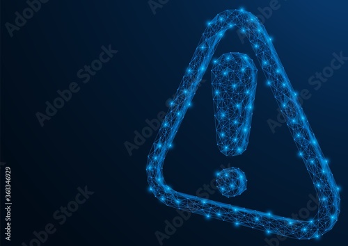 Warning sign. 3D exclamation mark symbol in a triangle. Low-poly construction. Blue background.