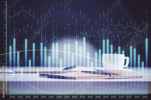 Multi exposure of forex graph drawing and desktop with coffee and items on table background. Concept of financial market trading © peshkova