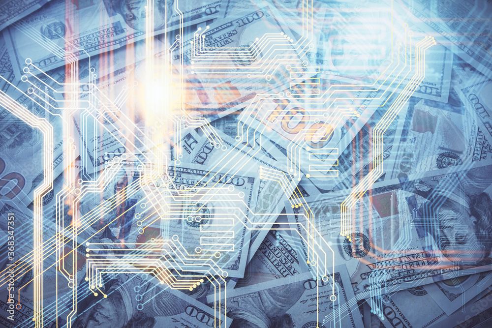 Double exposure of world map drawing over us dollars bill background. International concept.