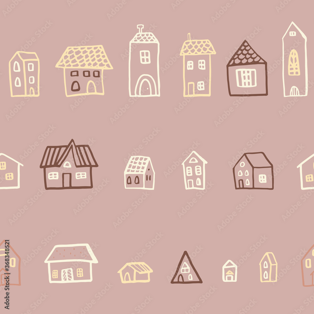 Vector seamless pattern with houses in doodle style. Stylish background for a nursery on a brown background.