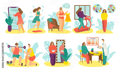 Overweight people on diet vector illustration set. Cartoon flat man woman active fat character lose weight using diet plan, meeting with dietitian, doing sport activity in gym icons isolated on white