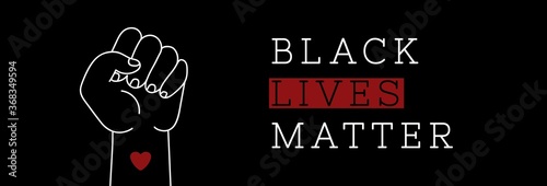 Black lives matter horizontal banner with protest fist in the air. BIPOC.Stop racism. Black lives matter graphic poster design template against racial discrimination dark background