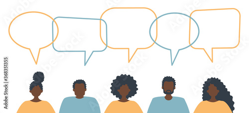 Community of black people. Communication of men and women. People icons with speech bubbles. Vector illustration