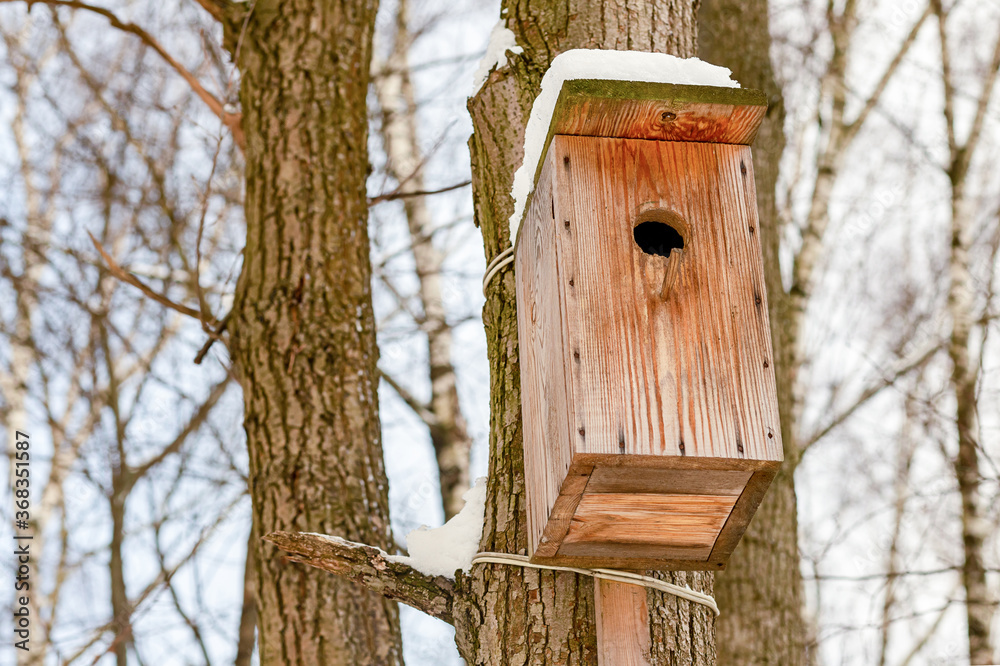 wooden birdhouse on a tree covered with snow protection from the cold