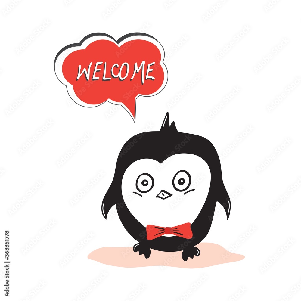 greeting card with penguin, welcome