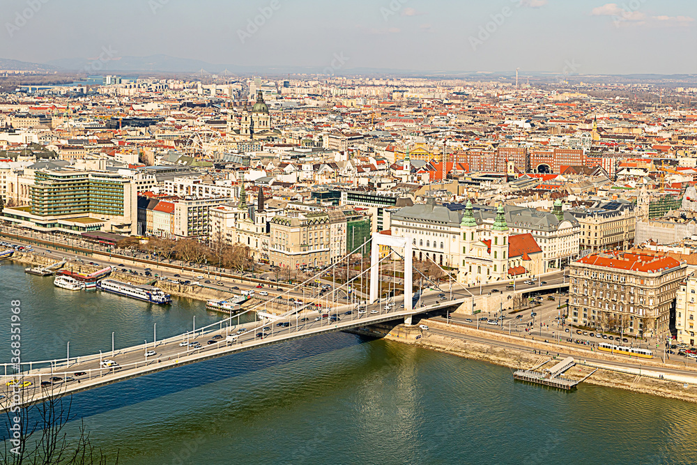 Hungary Budapest March 2018. Erzsebet bridge (Elizabeth) suspended view of the Buda shore panoramic view sunny day