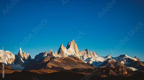 View of jagged Mount Fitz Roy in Patagonia morning light. 