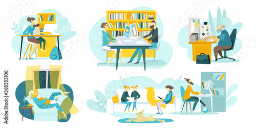 Online education, taining courses, web technologies set of flat vector illustration with distance tutorials and teachers, students lerning online. Internet schools for children and distance education.