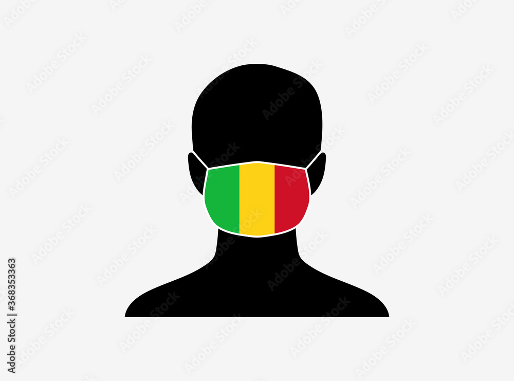 A silhouette of a person wearing a mask with the flag of Mali on it. Vector illustration. A silhouette of a person wearing a mask with the flag of Mali on it. Vector illustration.