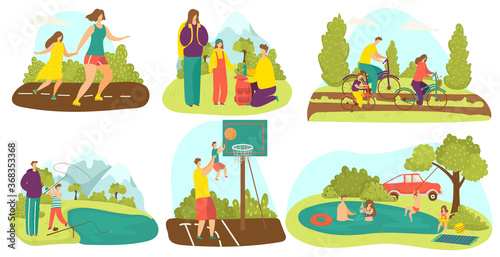 Family active lifestyle with kids together set of cycling, roller skating, playing and swimmimng with children, outing vector illustration. Active leisure and outdoor activities in park for family.