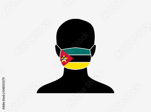 A silhouette of a person wearing a mask with the flag of Mozambique on it. Vector illustration.