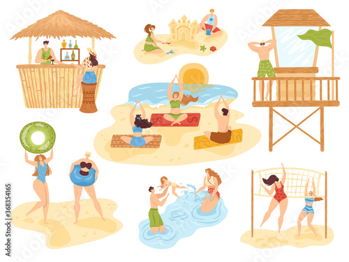Beach summer activities set of isolated vector illustration, people on sea, f...