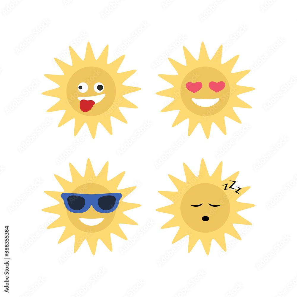 Sun cartoon character. Set of summer sun with funny face. Vector illustration in flat style