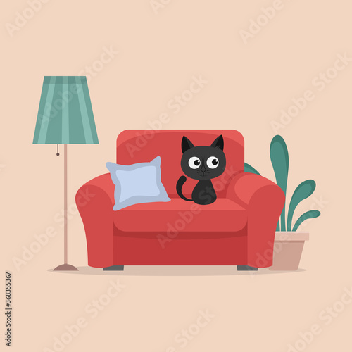 Cute black cat or kitten sitiing on the armchair at home. Lamp, pillow, flower in the pot. Vector illustration. Flat style