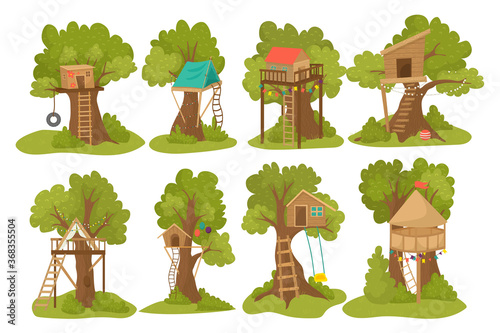Tree wood houses for children playground with ladder, swing and flip-flap to play for kids outdoor flat vector illustrations set. Wooden treehouse for kids, park construction of little playhouses.